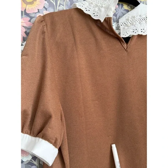 Lipsy Brown White Contrast Peter Pan Collar Pearl Embellished Top XL - Picture 8 of 13